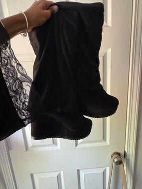 Black Slouchy Suede Wedge Boots - Women